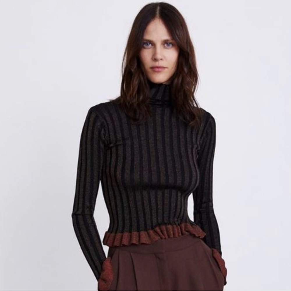 Zara Knit‎ Striped Black and Brown Turtleneck Sweater